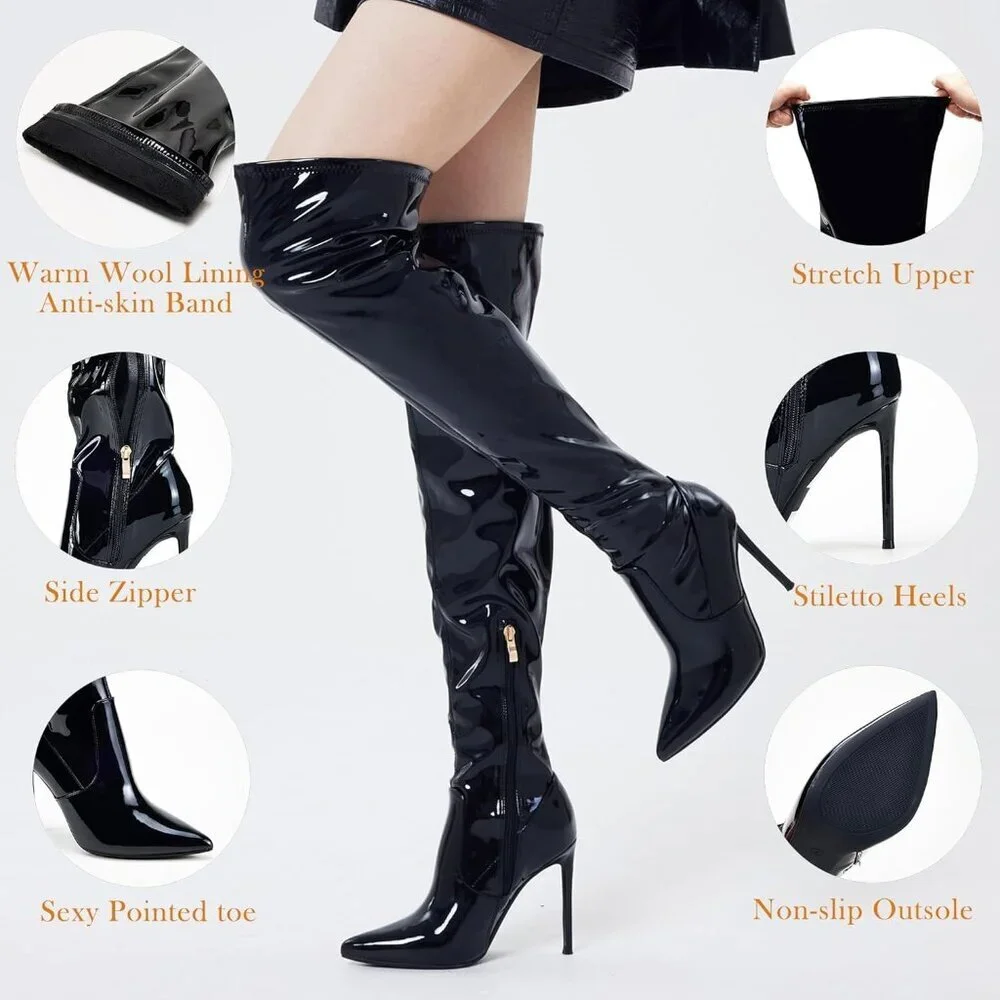 Women Black Patent Wools Polyurethane Over The Knee Stiletto Heel Pointed Boots